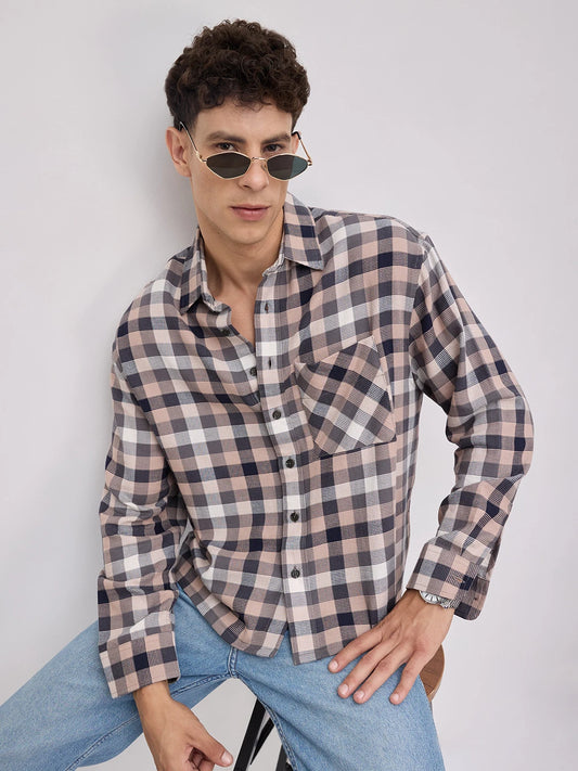 Vintage Multicolor Block Checks Boxy Fit Crop Shirt