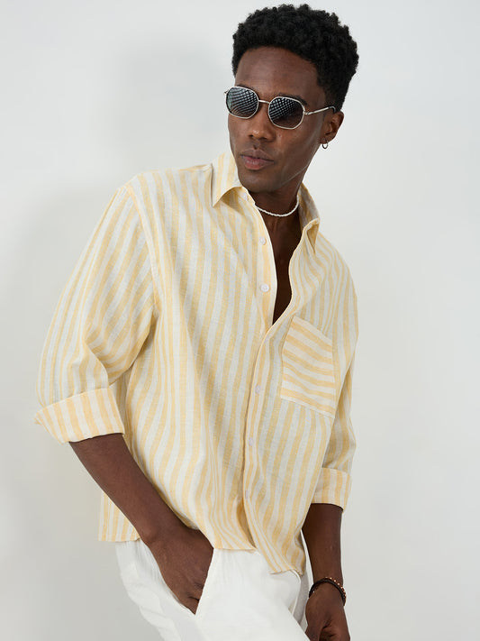 White & Yellow Balanced Striped Boxy Fit Crop Shirt