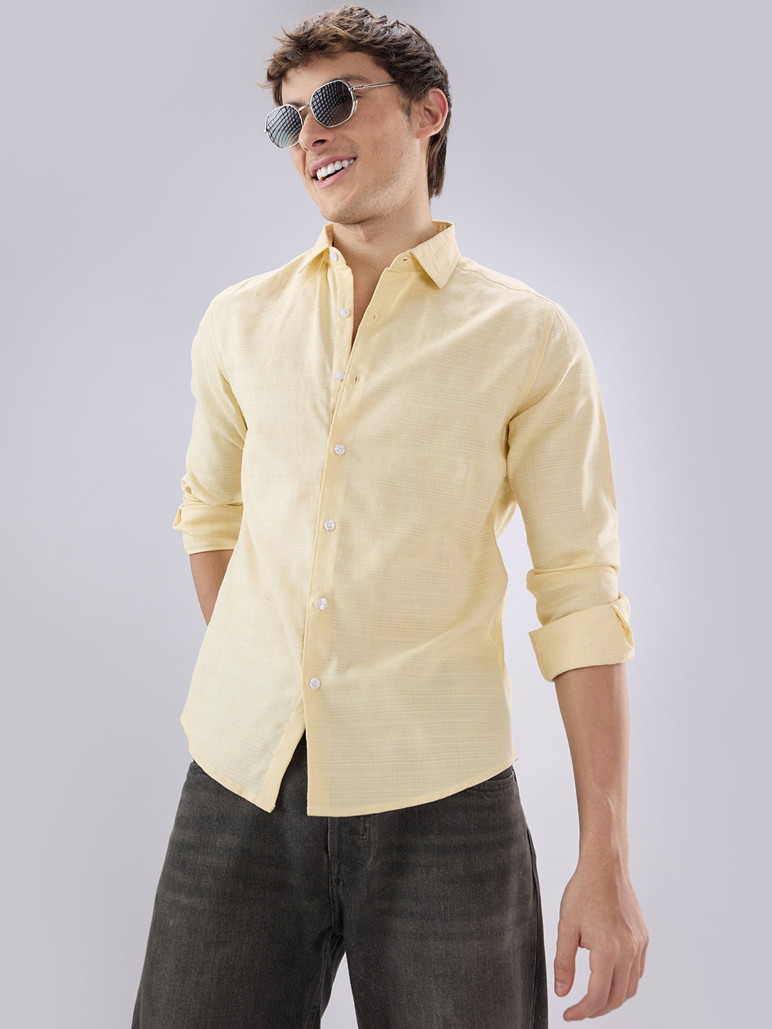 Soft Yellow Grid Textured Everyday Shirt