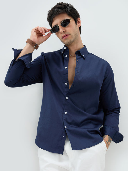 Navy Satin Luxe Button-Down Collar Shirt
