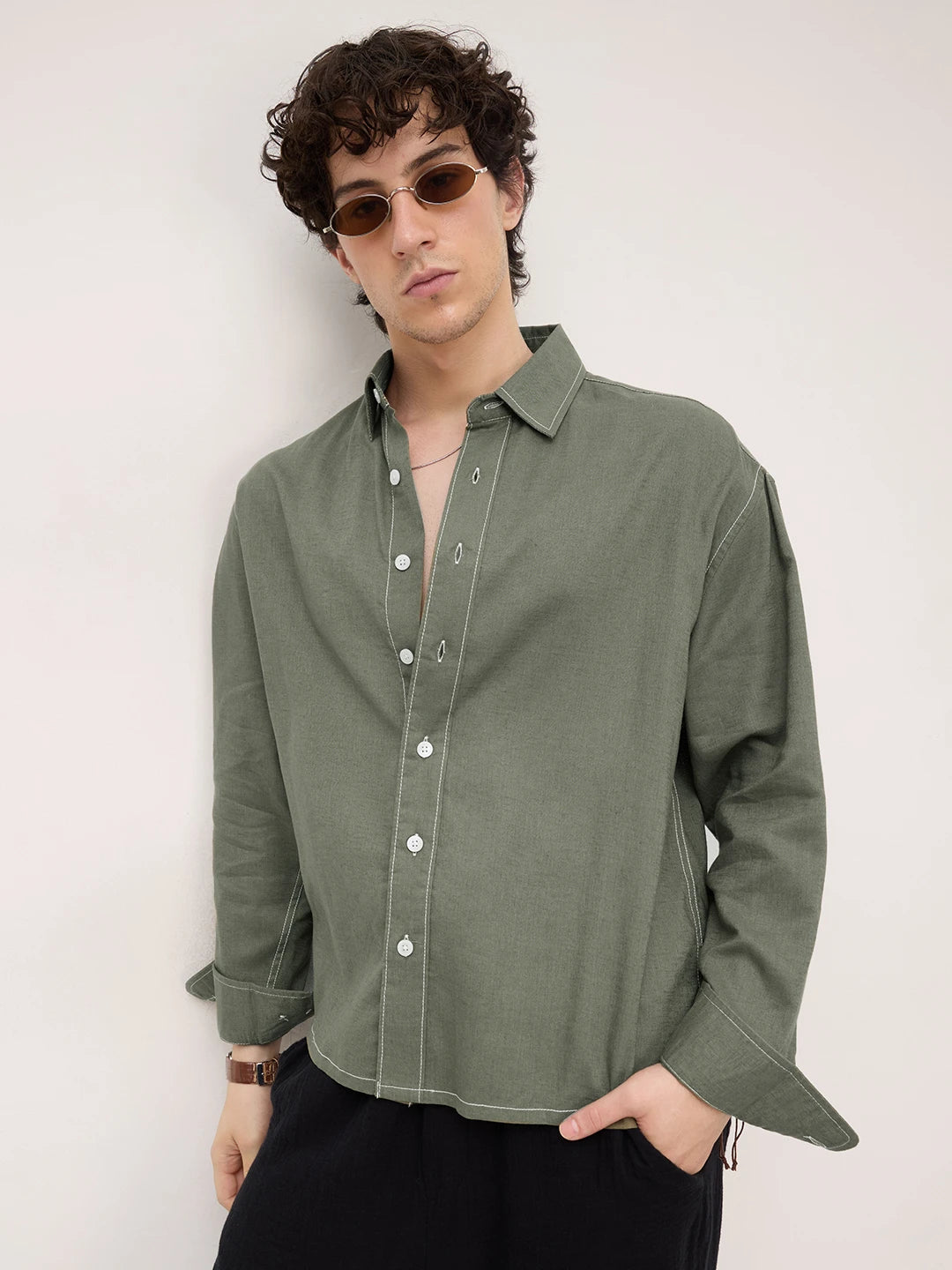Luxe Olive Canvas Linen Blend Boxy Fit Crop Shirt