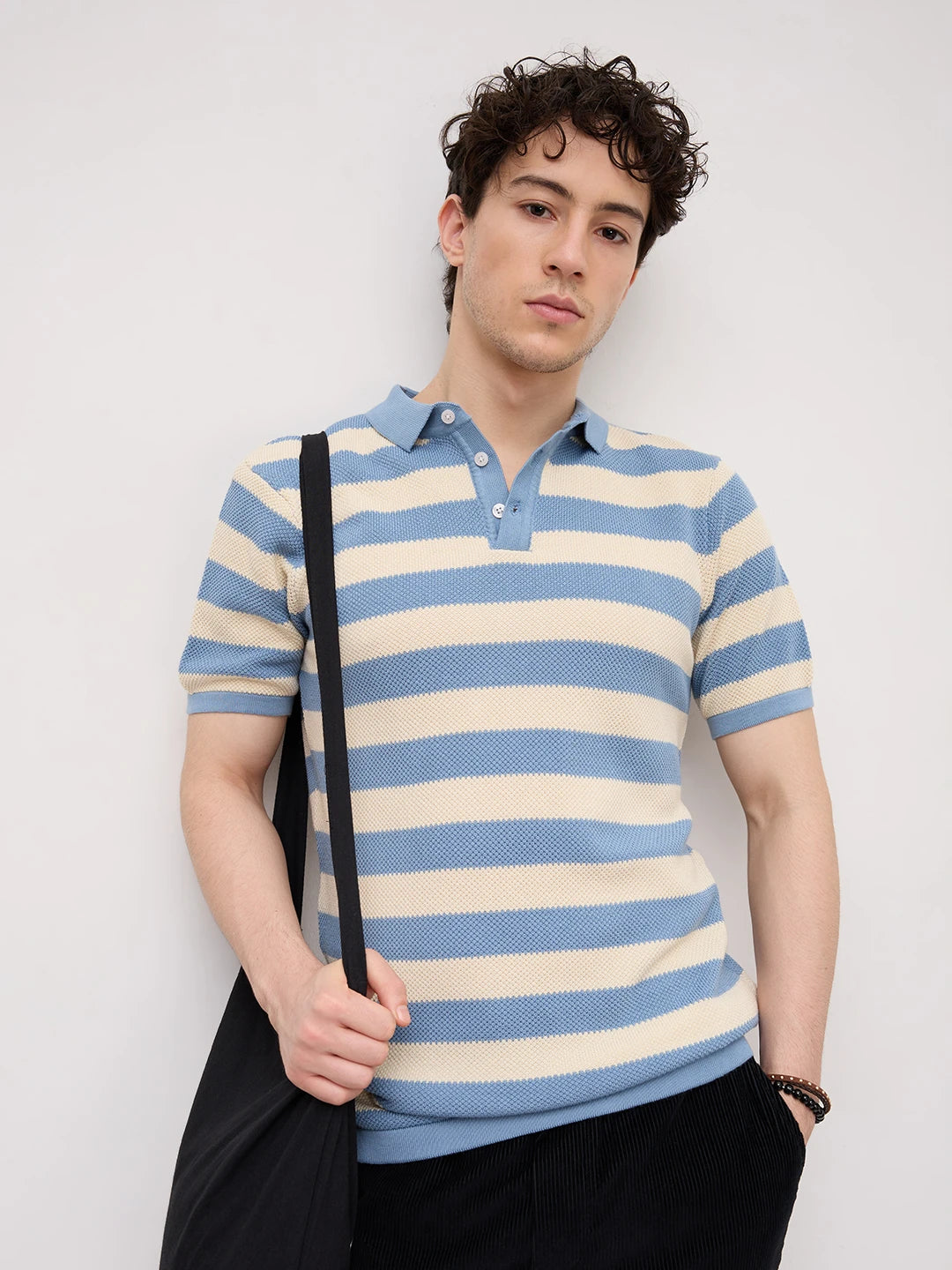 Blue & White Coastal Striped Flat Knit Polo T-Shirt