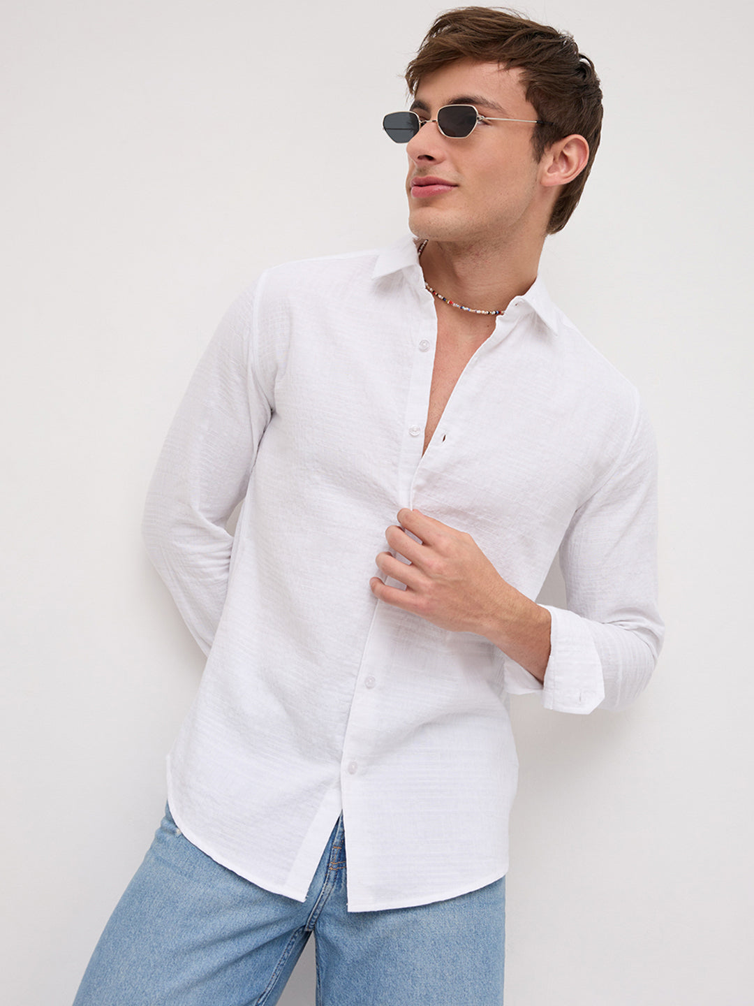 Plush Pearl White Ledger Checks Double Cloth Shirt