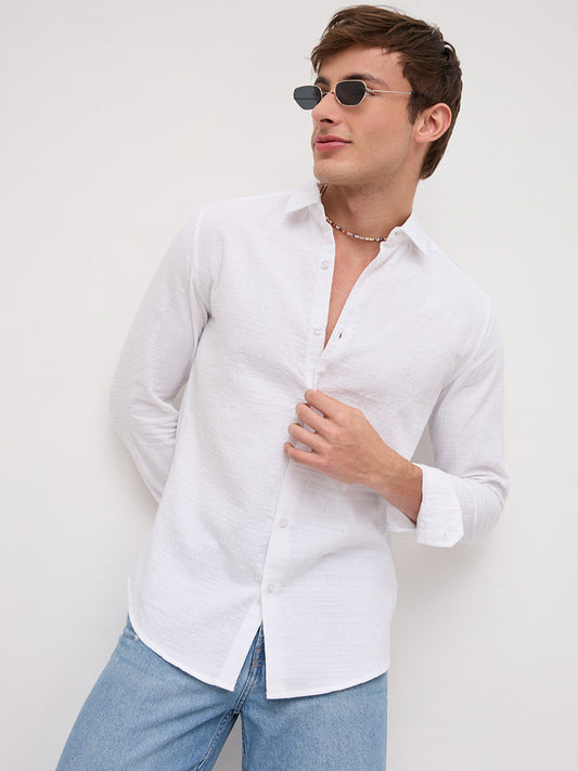 Plush Pearl White Ledger Checks Double Cloth Shirt
