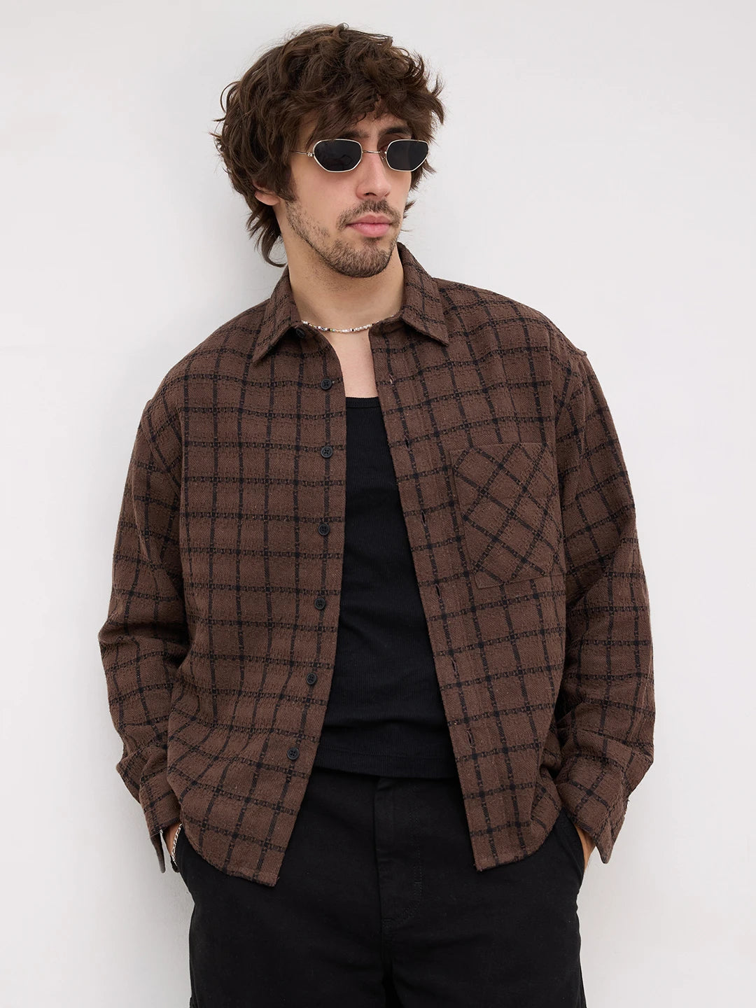 Brown Contrast Checked Weave Wintercrest Flannel Boxy Fit Crop Shirt
