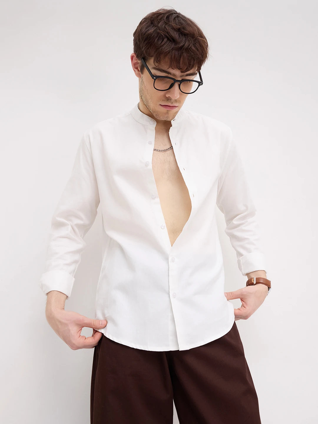 Snow White Herringbone Textured Mandarin Shirt