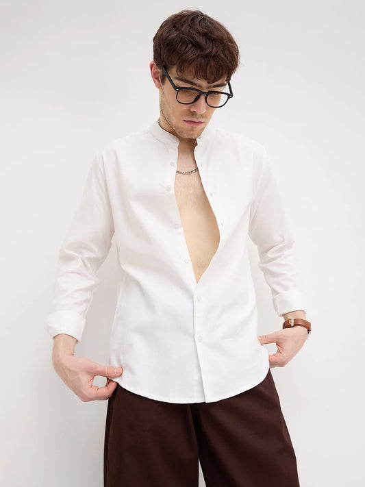 Snow White Herringbone Textured Mandarin Shirt