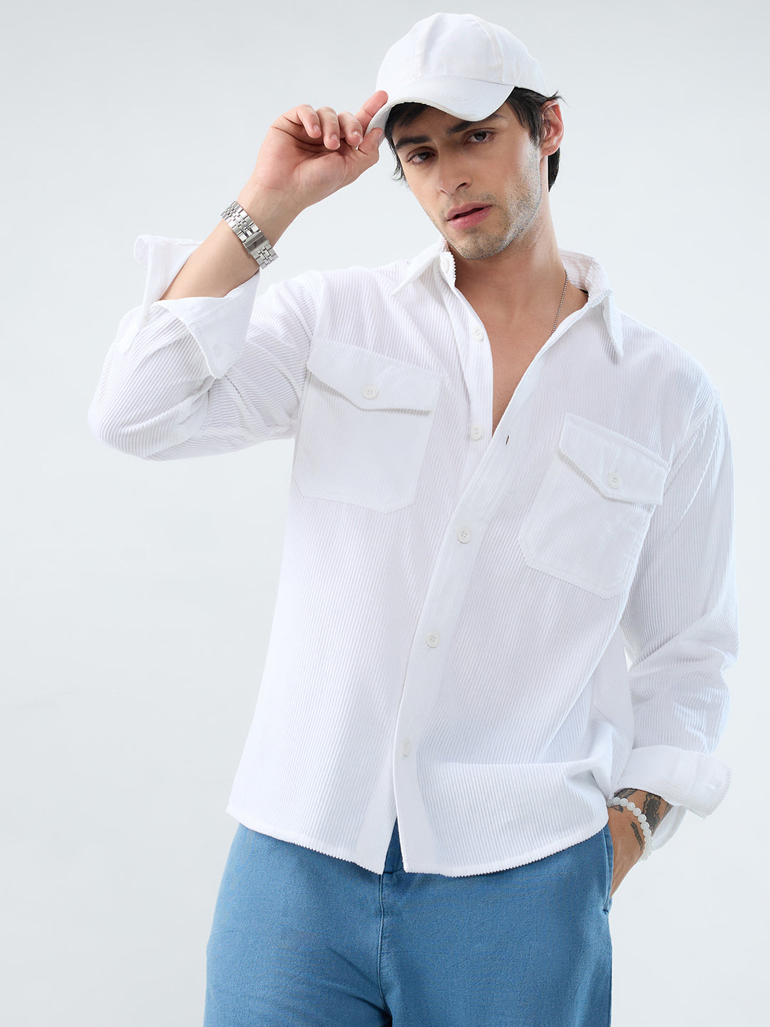 Winter White Corduroy Double Pocket Overshirt