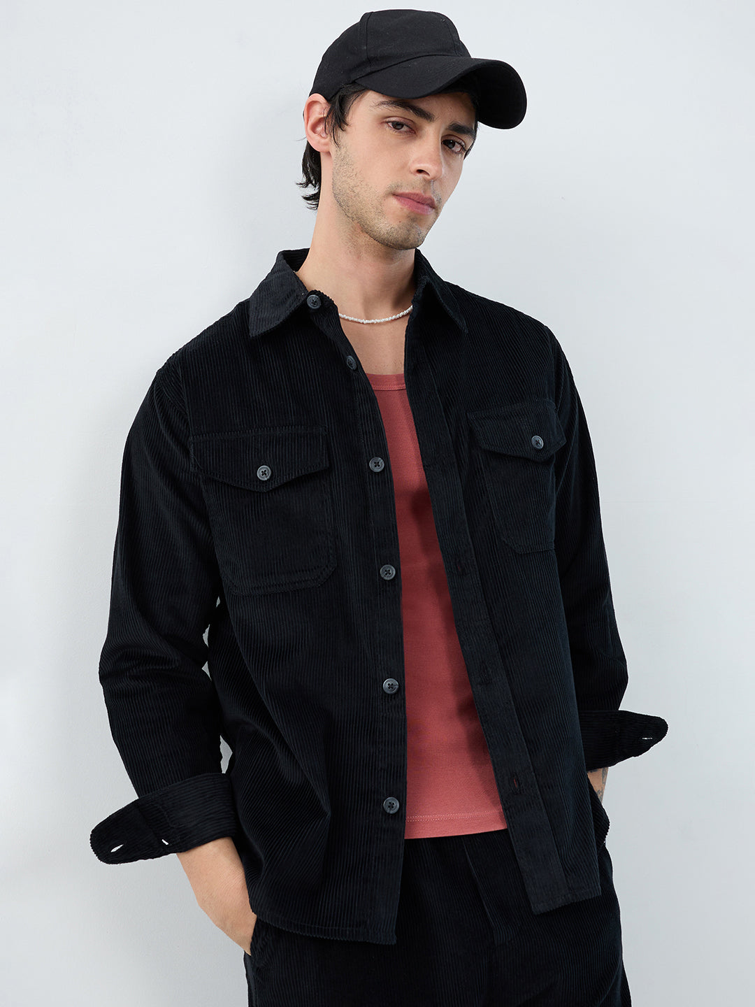 Winter Black Corduroy Double Pocket Overshirt