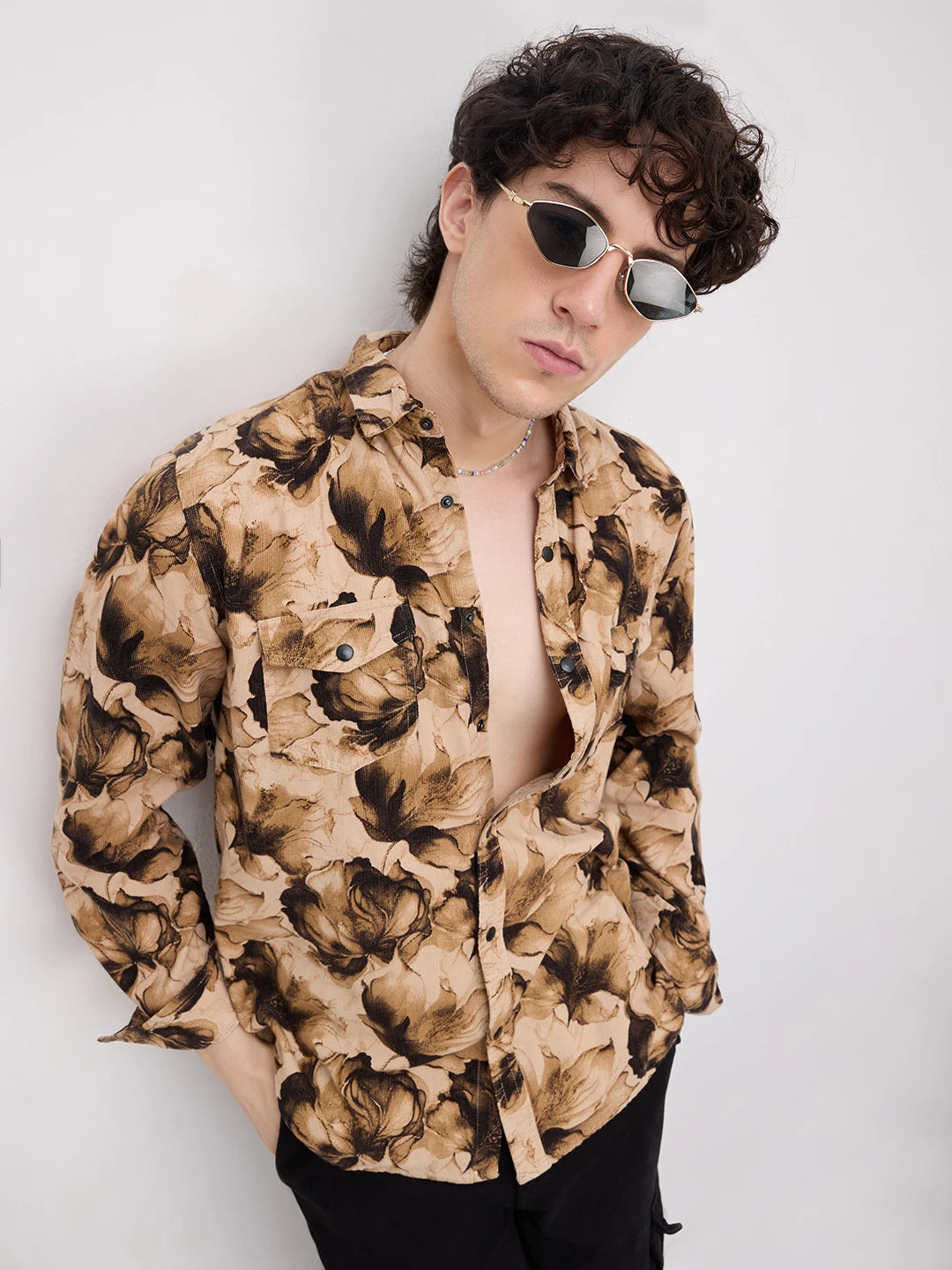 Rustic Beige Botanical Printed Double Pocket Corduroy Shirt