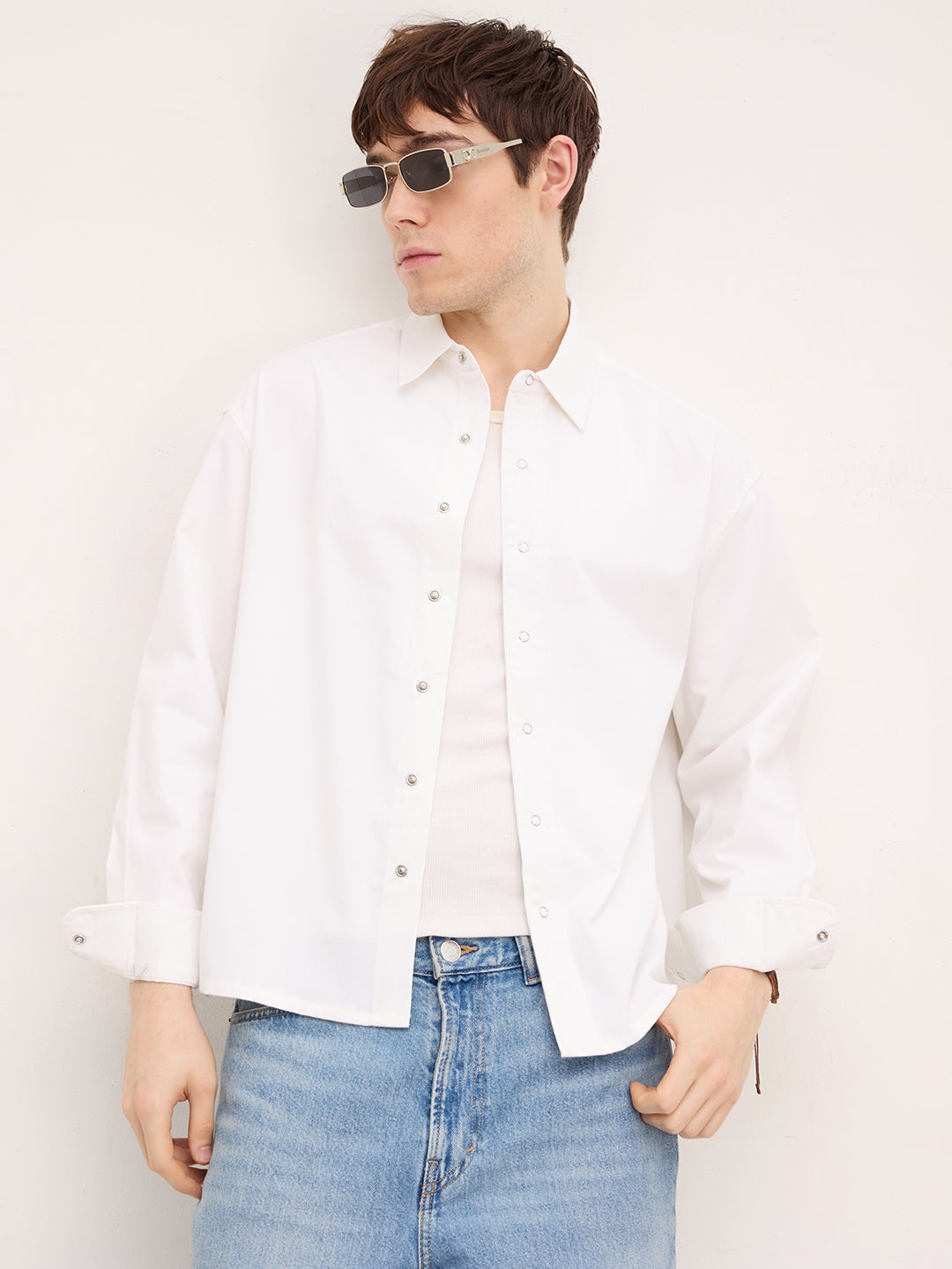 Luxe Arctic White Boxy Fit Crop Corduroy Shirt