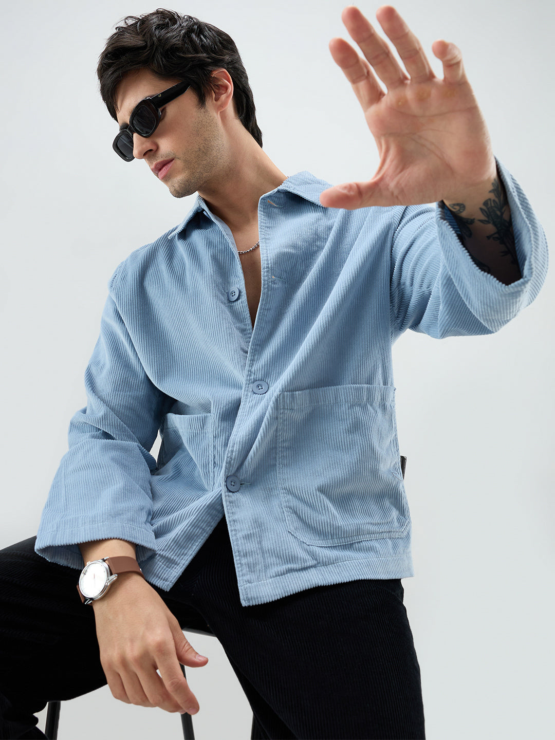 Exquisite Blue Corduroy Double Pocket Oversized Shacket
