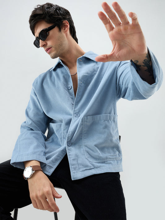Exquisite Blue Corduroy Double Pocket Oversized Shacket