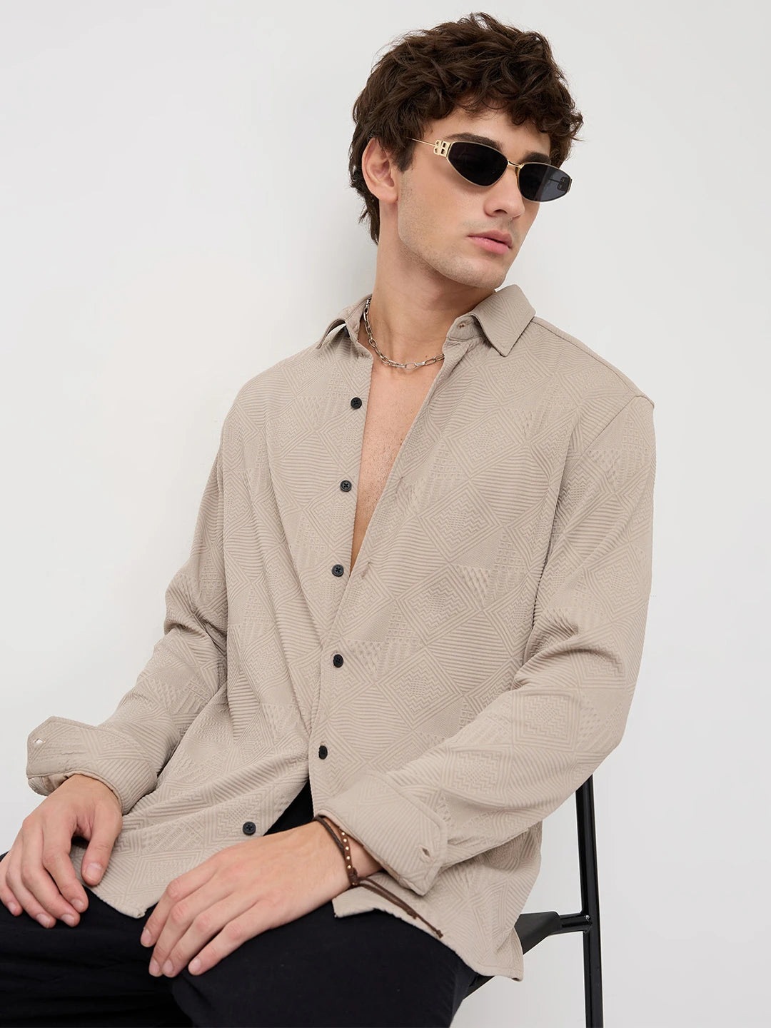Refined Grey Maze Textured Knitted Shirt