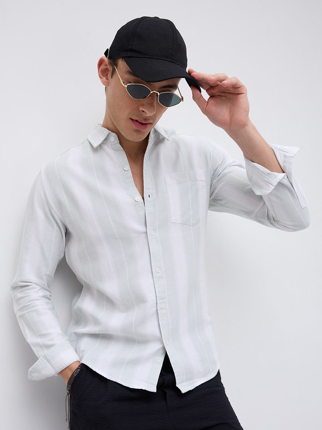 Sage Mist Textured Vertical Striped Resort Shirt