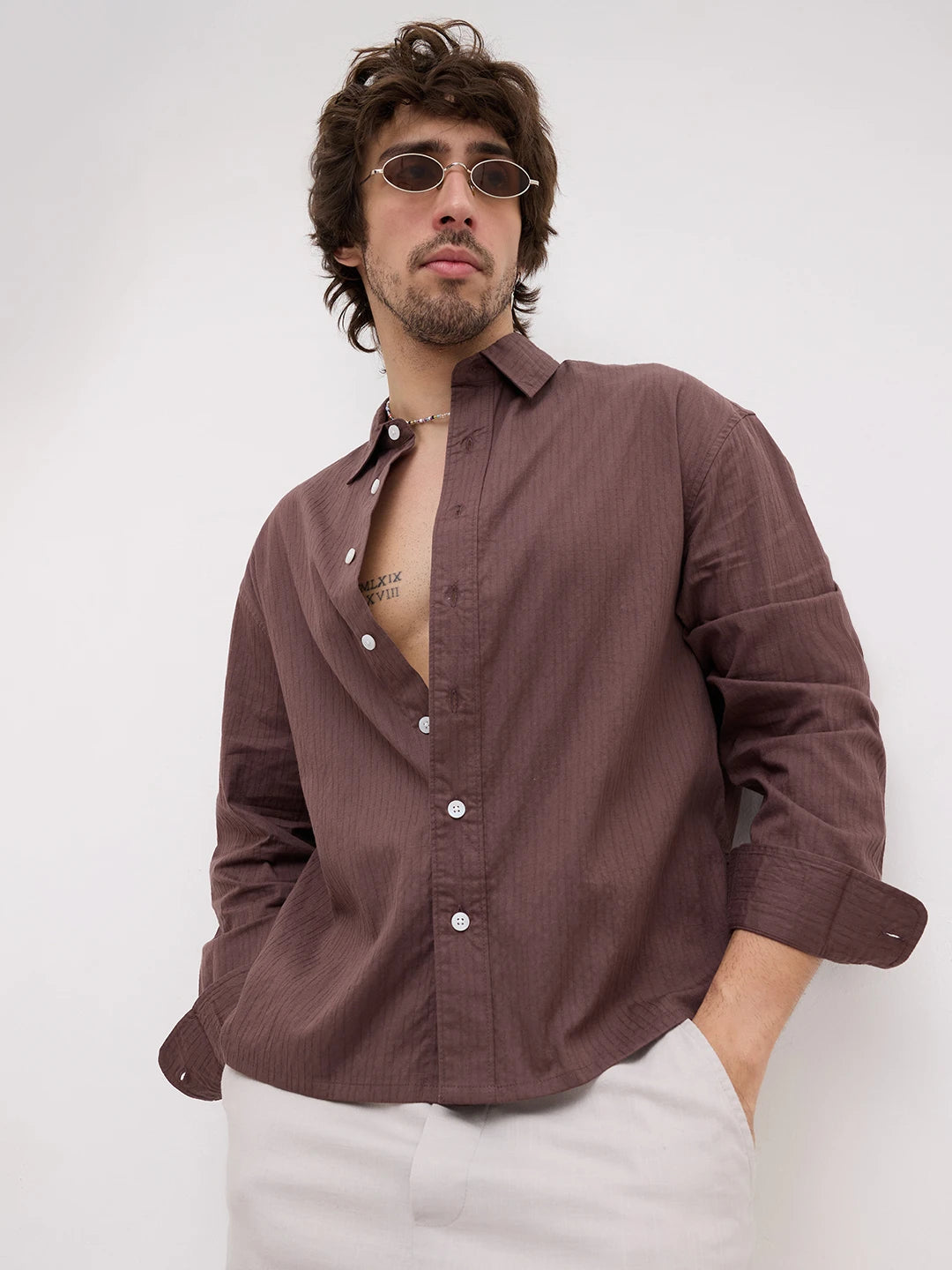 Deep Bark Brown Fine Textured Boxy Fit Crop Shirt
