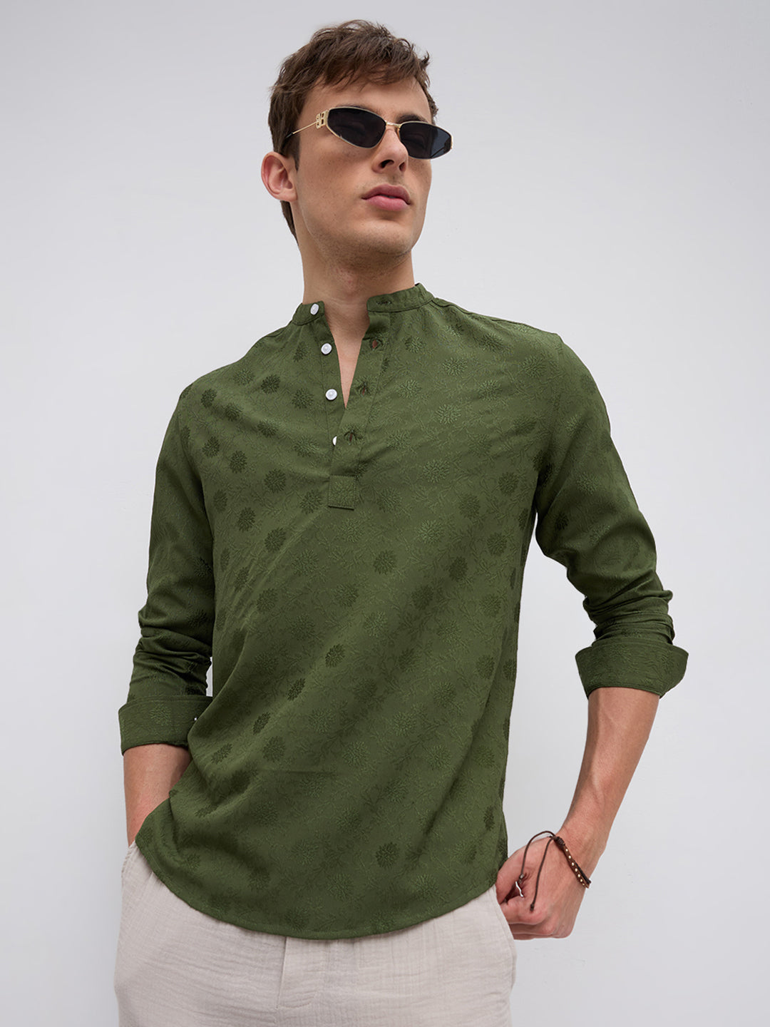Forest Green Floral Embossed Kurta