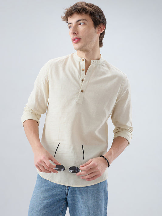 Cream Slub Textured Linen Blend Kurta