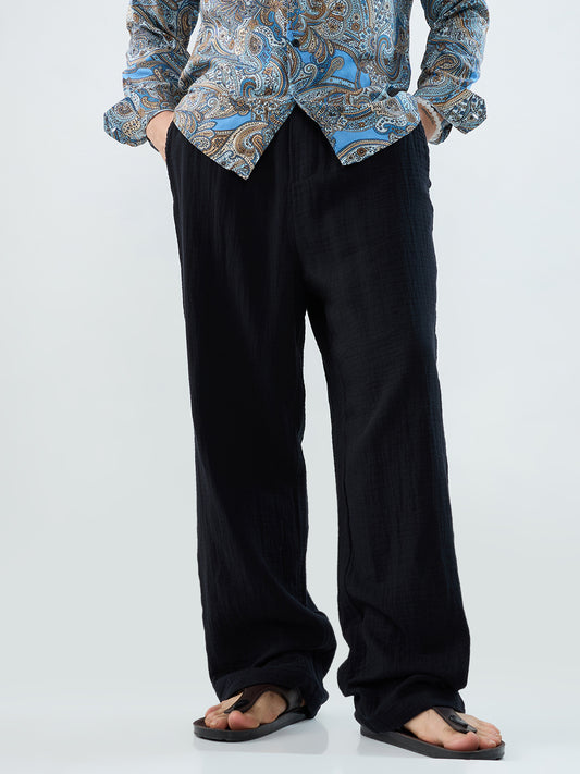 Classic Black Double Cloth Straight-Fit Trousers