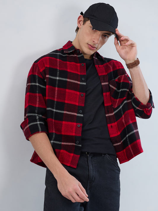 Premium Red & Black Flannel Checks Boxy Fit Crop Shirt