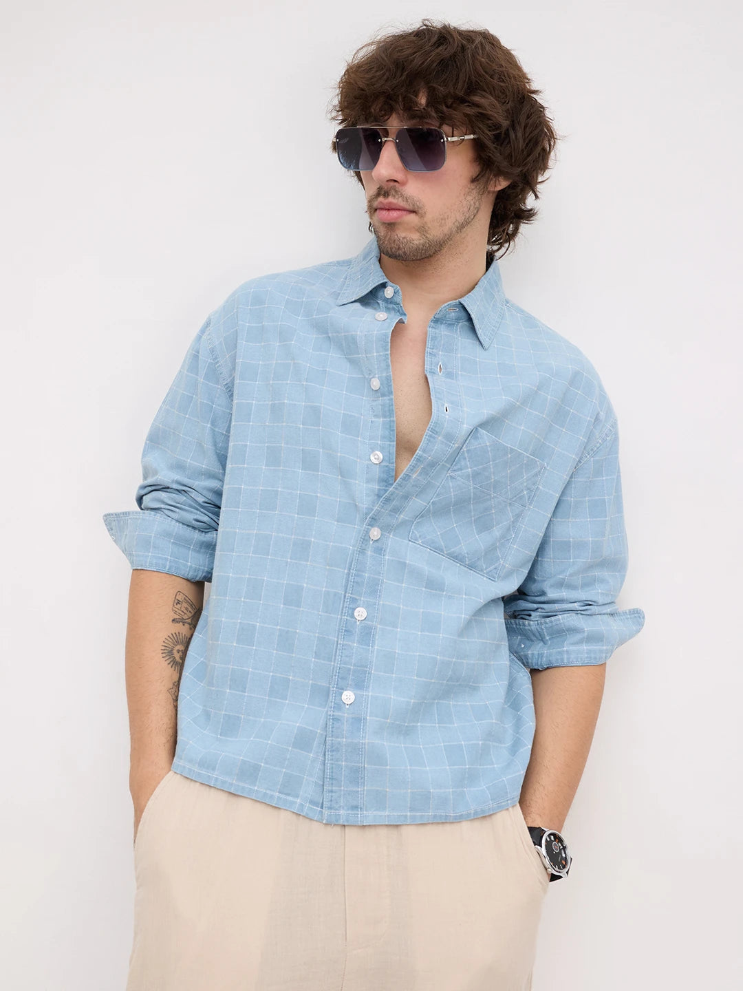 Denim Plaid Checks Boxy Fit Crop Shirt