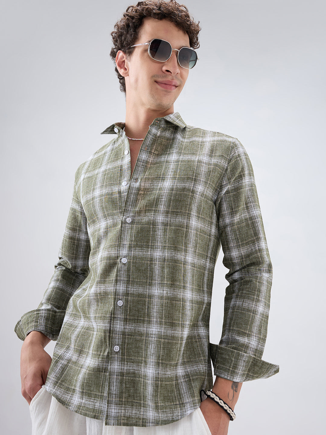Olive Abstract Grid Checks Textured Shirt