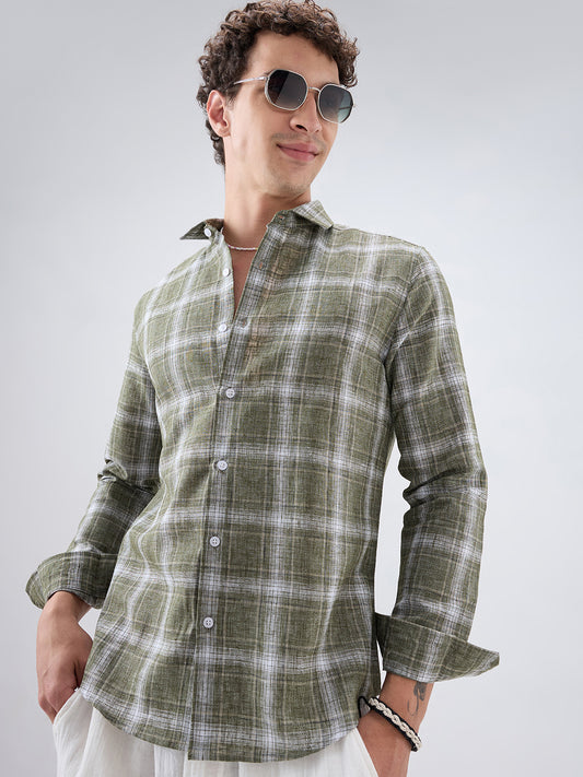 Olive Abstract Grid Checks Textured Shirt