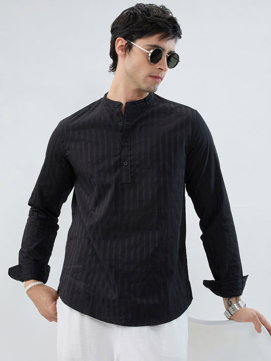 Jet Black Glossy Striped Kurta