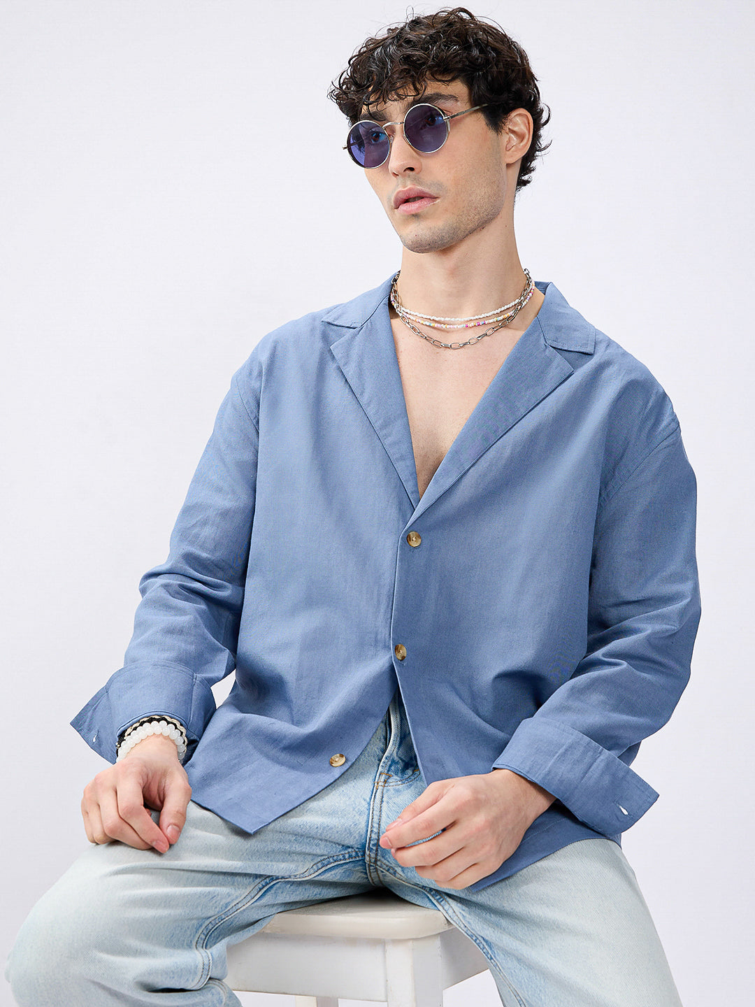 Steel Blue Linen Blend Lapel Collar Oversized Shirt