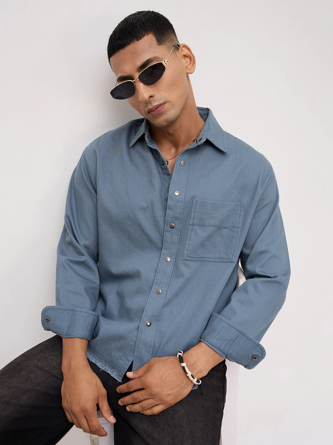 Spruce Blue Fine Textured Boxy Fit Crop Overshirt