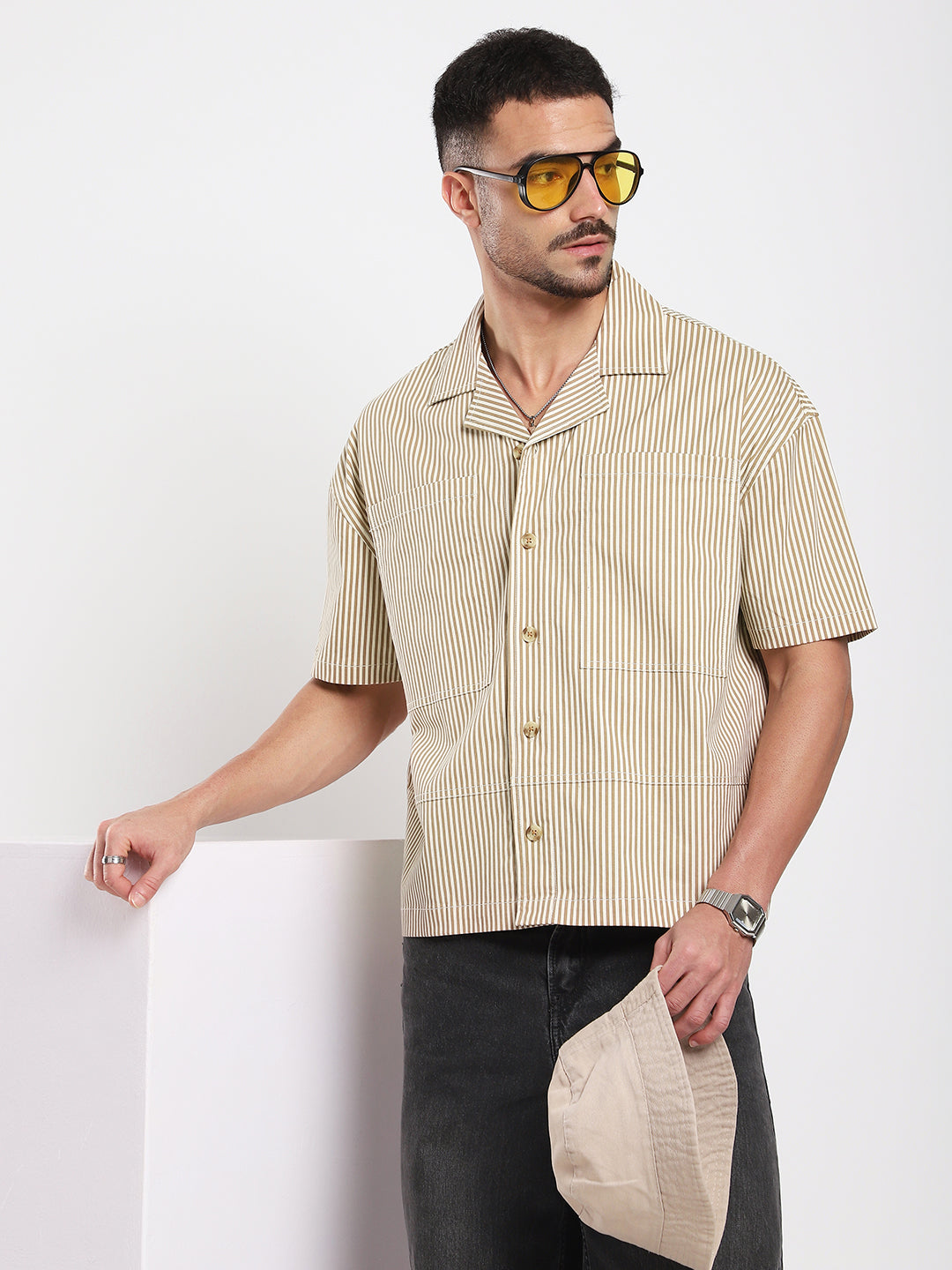 Walnut Brown Pinstripe Oversized Twin Pocket Crop Shirt
