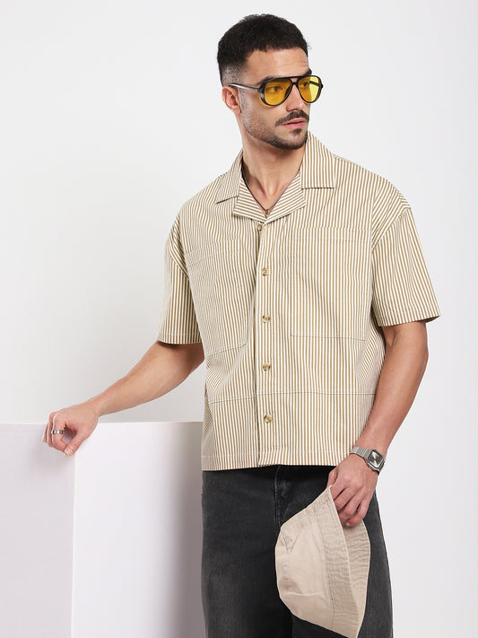 Walnut Brown Pinstripe Oversized Twin Pocket Crop Shirt