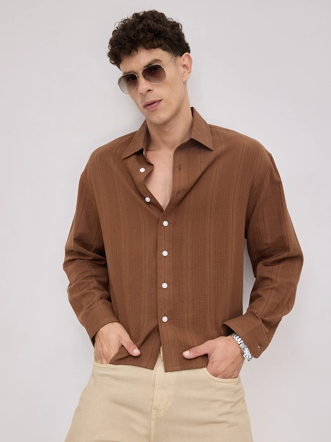 Cocoa Double Cloth Seersucker Striped Boxy Fit Crop Shirt