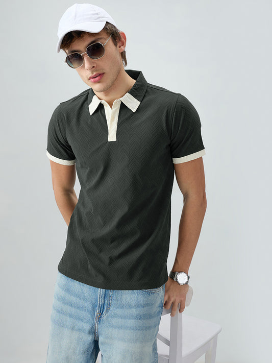 Olive Chevron Contrast Polo Neck Knit T-shirt
