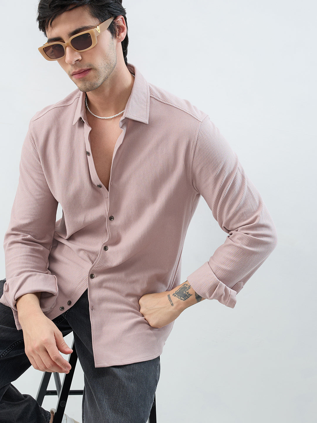 Oyster Pink Textured Knit Shirt