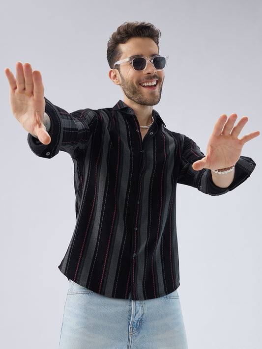 Onyx Black Red Embellished Corduroy Striped Shirt