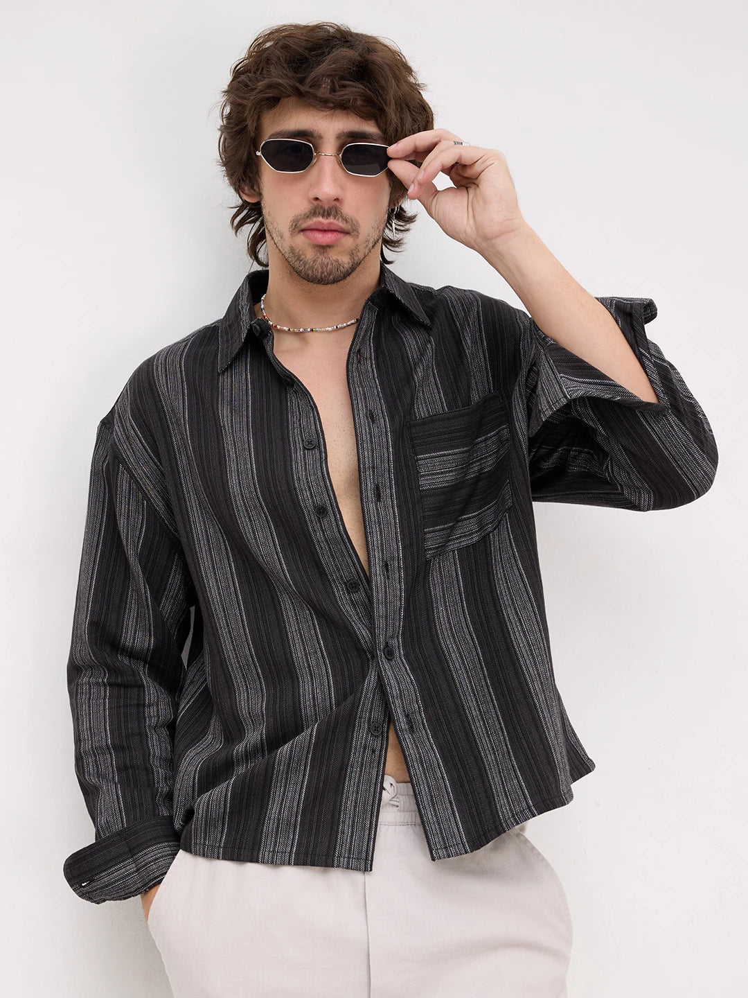 Black Metallic Microline Vertical Loom Boxy Fit Crop Shirt