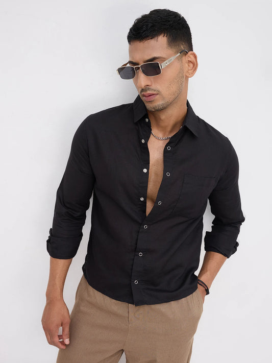 Rich Black Tencel Straight Hem Crop Shirt