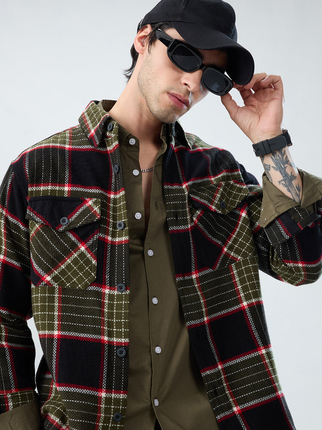 Premium Red & Olive Checks Double Pocket Flannel Shirt