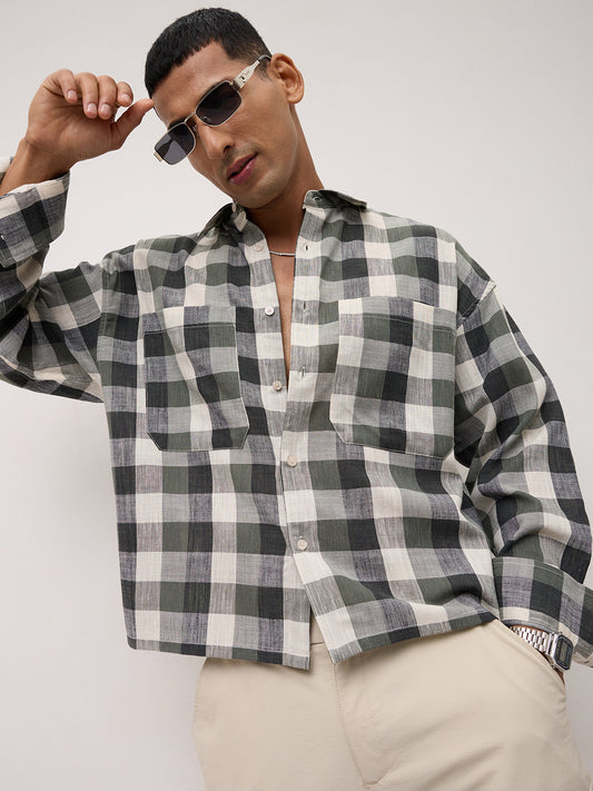 Distinguished Olive Block Checks Twin Pocket Boxy Fit Crop Shirt