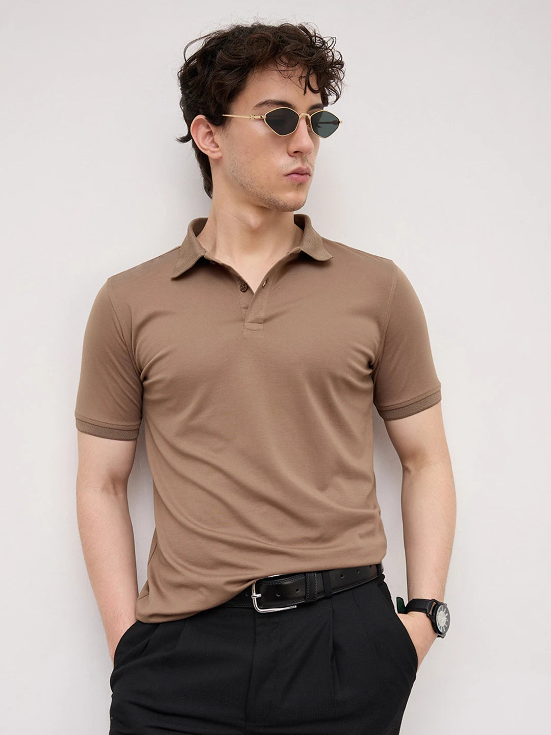 Deep Taupe Honecomb Polo Knit T-Shirt