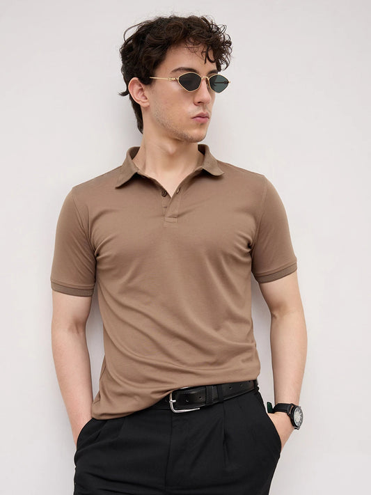 Deep Taupe Honecomb Polo Knit T-Shirt
