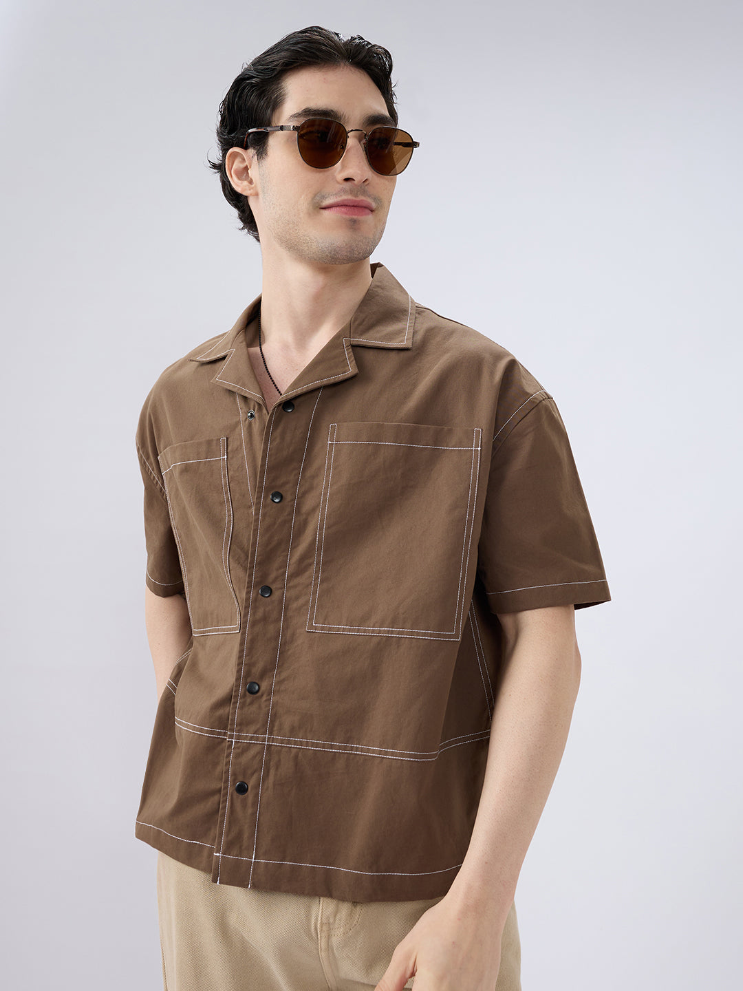 Rustic Cocoa Twin Pocket Oversized Crop Shirt