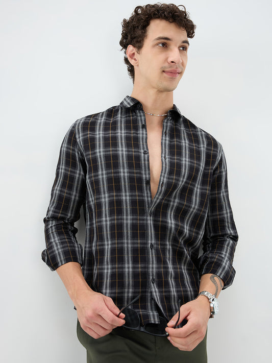 Rich Black Contrast Windowpane Checks Shirt