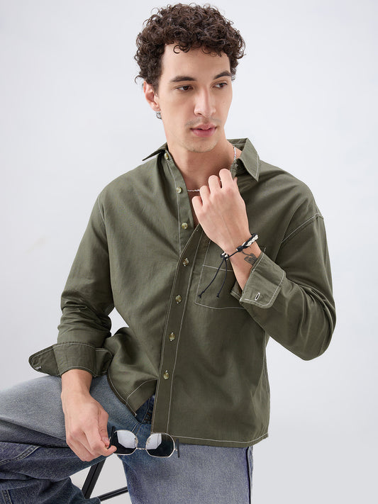 Timeless Olive Linen Blend Contrast Stitch Boxy Fit Crop Shirt