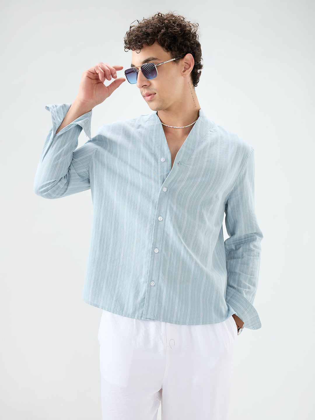 Arctic Blue Striped Linen Blend Stand Collar Oversized Shirt