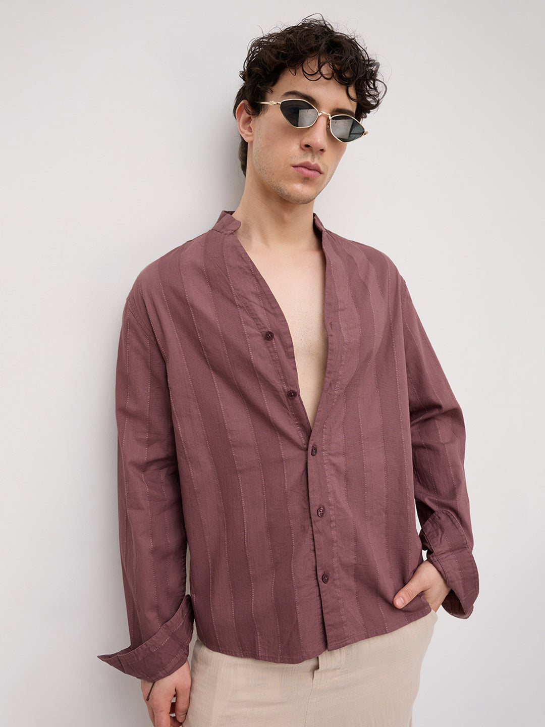 Deep Mauve Panel Textured Stand Collar Oversized Shirt
