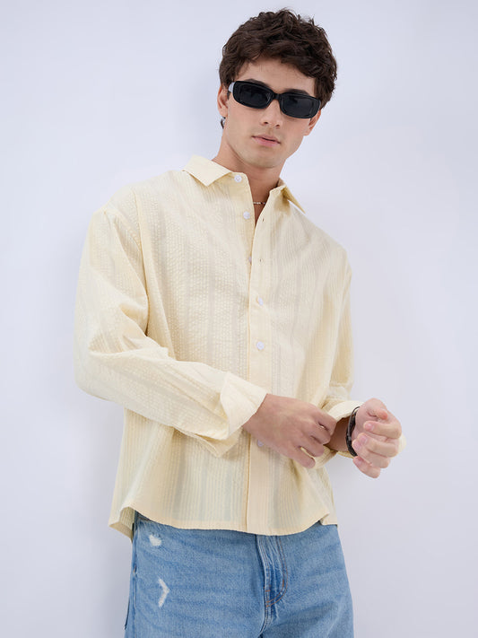 Lemon Yellow Seersucker Striped Boxy Fit Crop Shirt