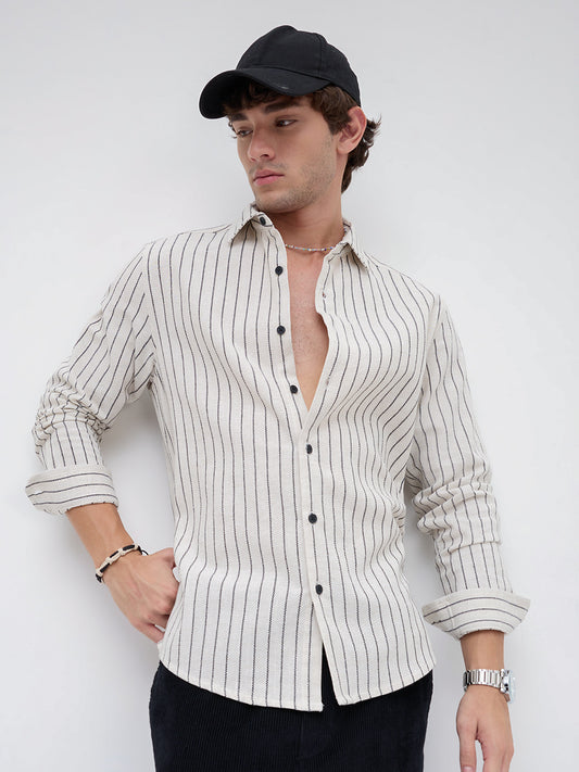 Black & Ivory Saddle Weave Contrast Stripe Shirt