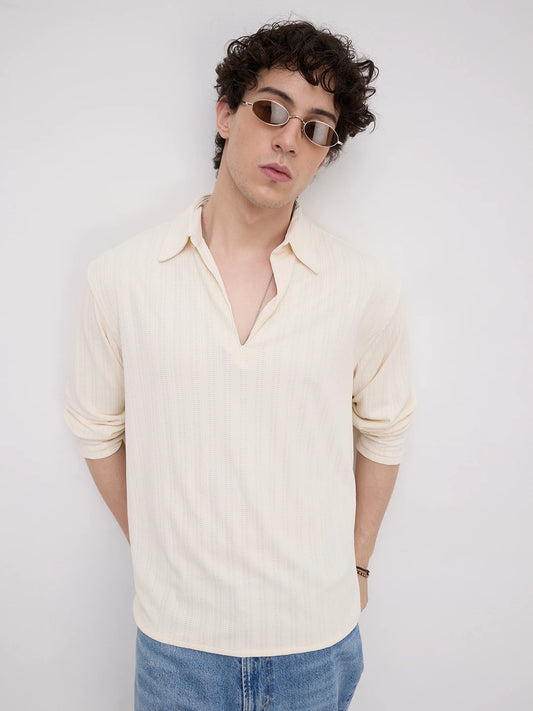 Ivory Linework Airknit Oversized Polo Shirt